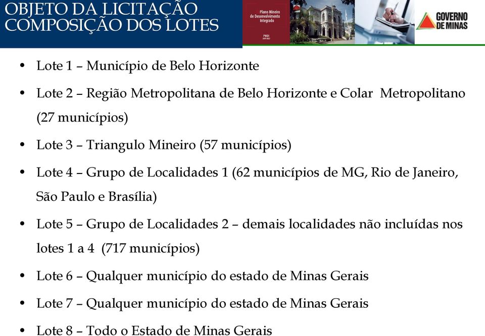 Janeiro, São Paulo e Brasília) Lote 5 Grupo de Localidades 2 demais localidades não incluídas nos lotes 1 a 4 (717 municípios) Lote