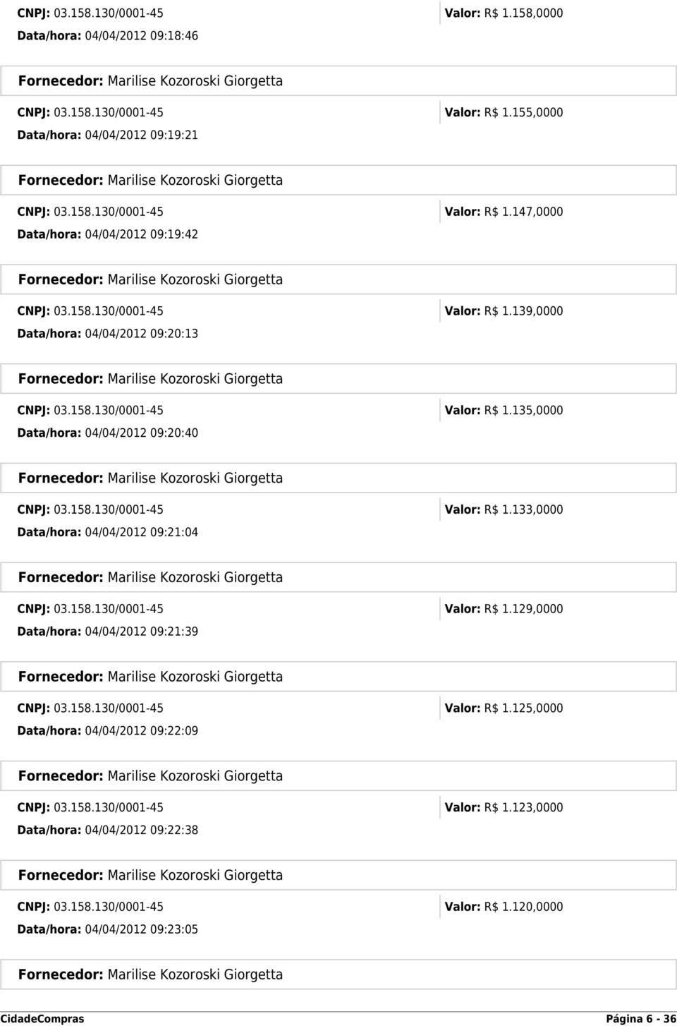 158.130/0001-45 Valor: R$ 1.129,0000 Data/hora: 04/04/2012 09:21:39 CNPJ: 03.158.130/0001-45 Valor: R$ 1.125,0000 Data/hora: 04/04/2012 09:22:09 CNPJ: 03.158.130/0001-45 Valor: R$ 1.123,0000 Data/hora: 04/04/2012 09:22:38 CNPJ: 03.