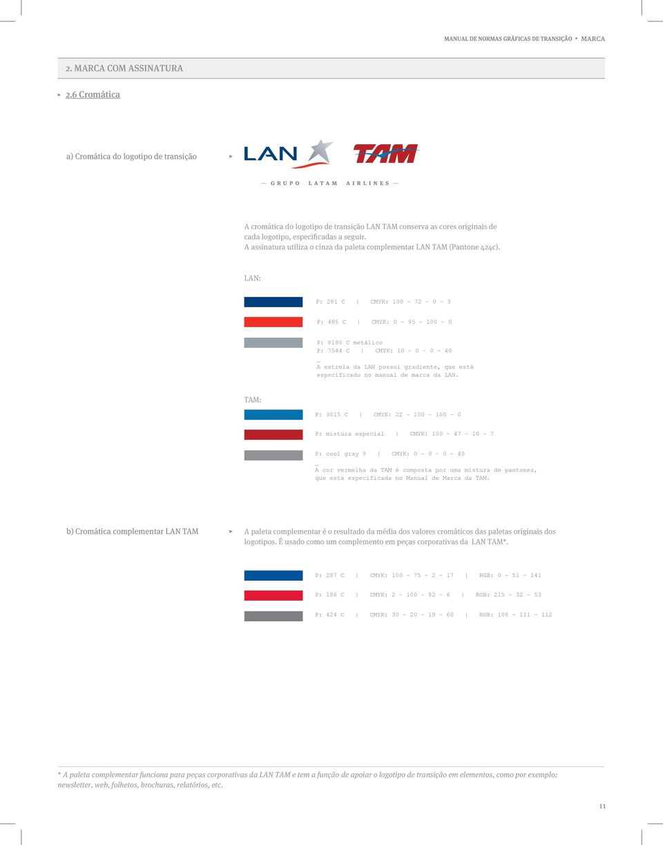 LAN: P: 281 C CMYK: 100-72 - 0-3 P: 485 C CMYK: 0-95 - 100-0 P: 8180 C metálico P: 7544 C CMYK: 10-0 - 0-40 _ A estrela da LAN possui gradiente, que está especificado no manual de marca da LAN.