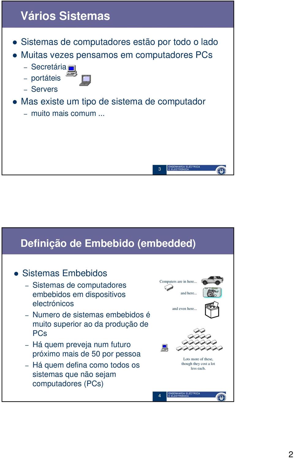 .. 3 3 Definição de Embebido (embedded) Sistemas Embebidos Sistemas de computadores embebidos em dispositivos electrónicos Numero de sistemas embebidos é