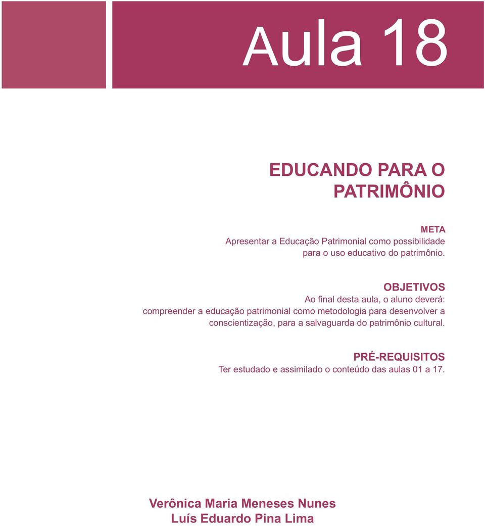 OBJETIVOS Ao final desta aula, o aluno deverá: compreender a educação patrimonial como metodologia para