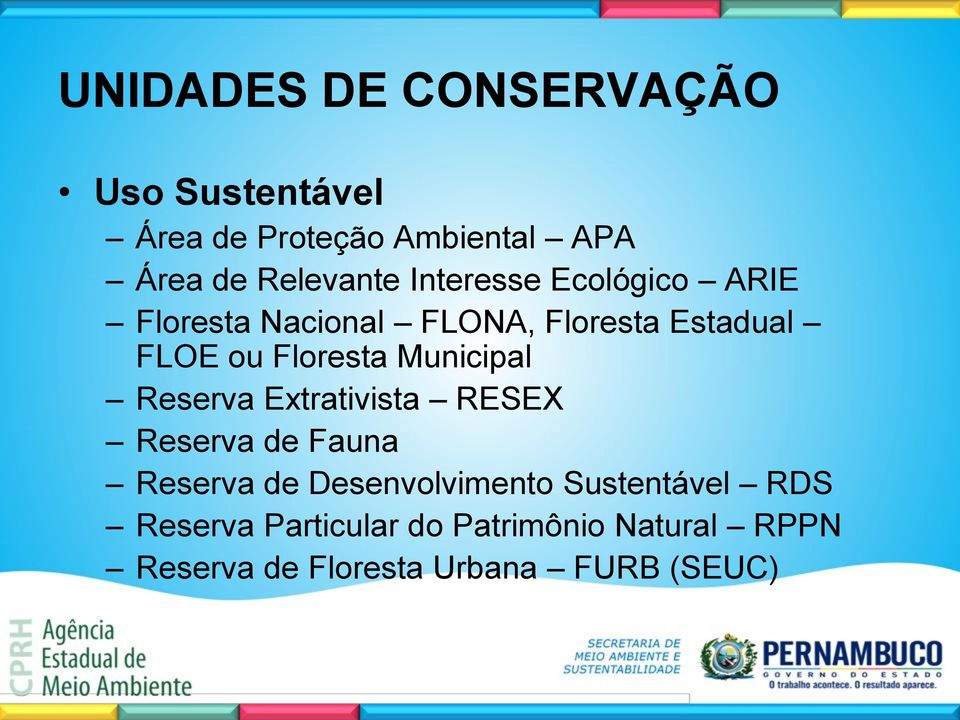 Municipal Reserva Extrativista RESEX Reserva de Fauna Reserva de Desenvolvimento
