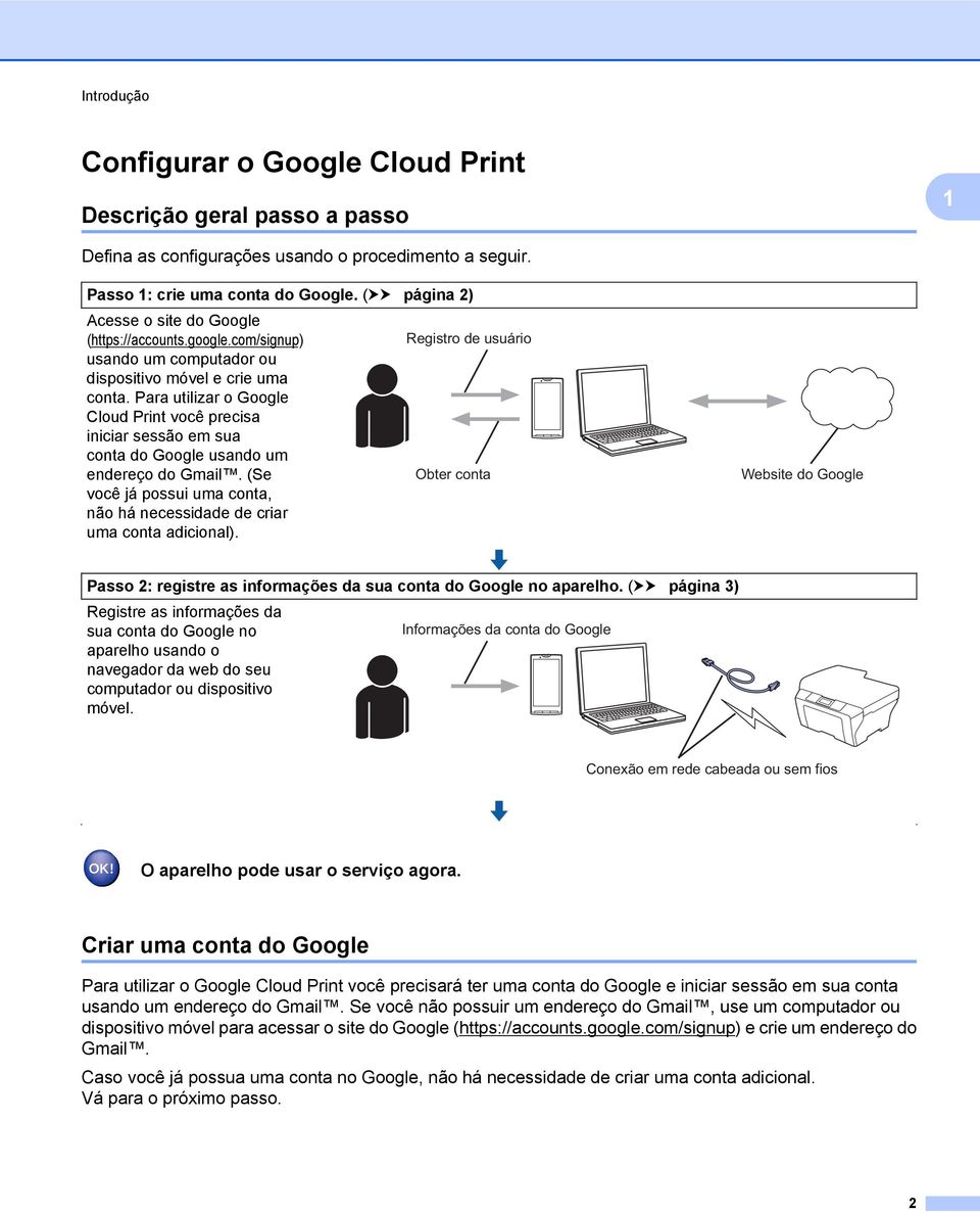 Para utilizar o Google Cloud Print você precisa iniciar sessão em sua conta do Google usando um endereço do Gmail. (Se você já possui uma conta, não há necessidade de criar uma conta adicional).