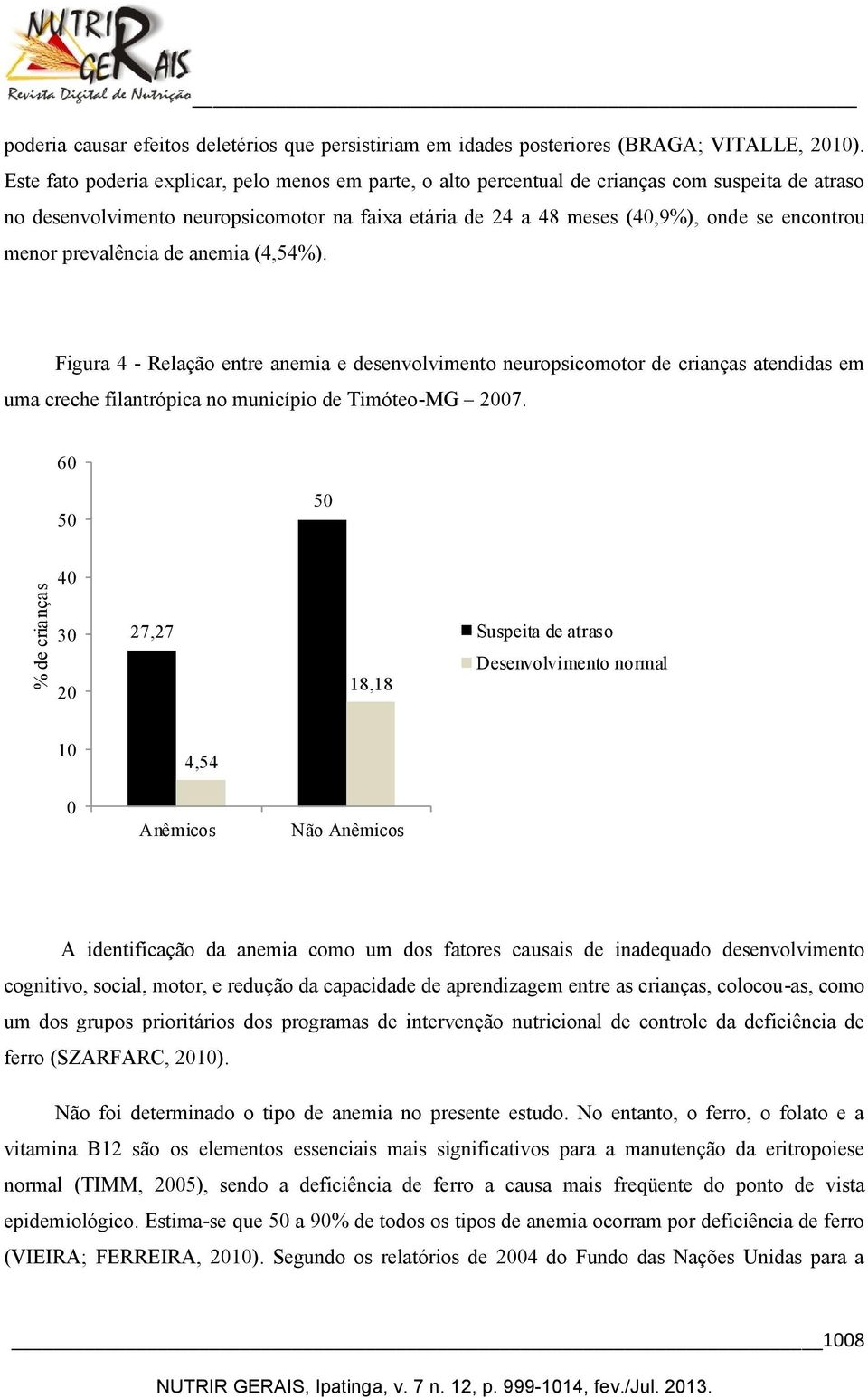 menor prevalência de anemia (4,54%). Figura 4 - Relação entre anemia e desenvolvimento neuropsicomotor de crianças atendidas em uma creche filantrópica no município de Timóteo-MG 2007.