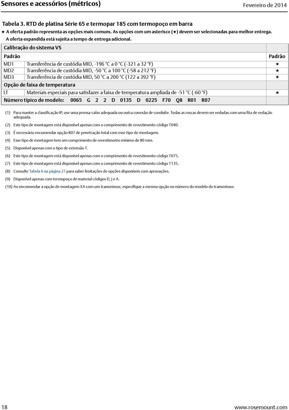 Calibração do sistema VS MD1 Transferência de custódia MID, -196 C a 0 C (-321 a 32 F) MD2 Transferência de custódia MID, -50 C a 100 C (-58 a 212 F) MD3 Transferência de custódia MID, 50 C a 200 C