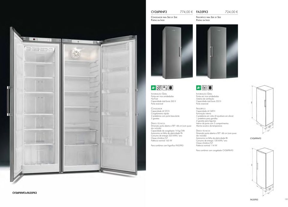 cm (com puxador incluído) Capacidade de congelação 14 kg/24h Autonomia na falha de eletricidade 9h Consumo de energia 323 kwh/ ano Classe climática N-T Potência nominal 165 W Para combinar com