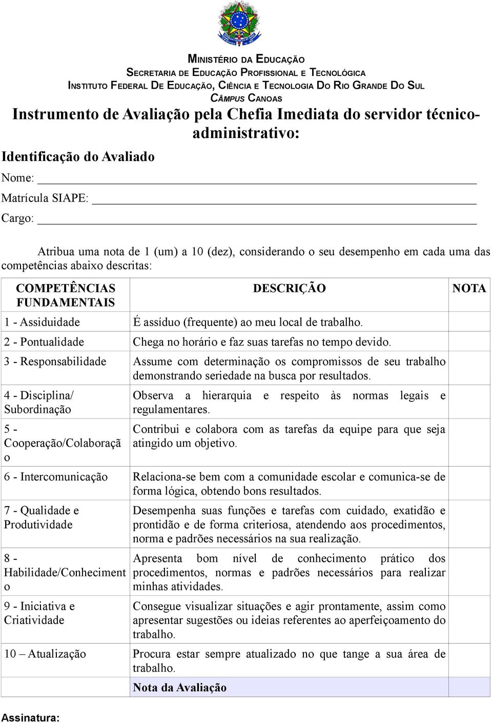 abaixo descritas: COMPETÊNCIAS FUNDAMENTAIS DESCRIÇÃO 1 - Assiduidade É assíduo (frequente) ao meu local de 2 - Pontualidade Chega no horário e faz suas tarefas no tempo devido.