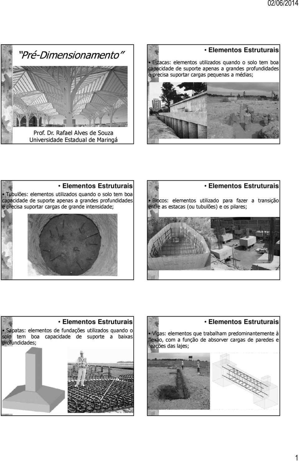 Rafael Alves de Souza Universidade Estadual de Maringá Tubulões: elementos utilizados quando o solo tem boa capacidade de suporte apenas a grandes profundidades e precisa suportar