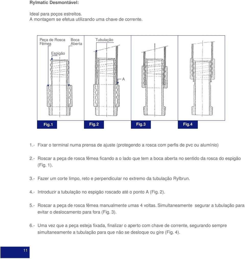 1). 3.- Fazer um corte limpo, reto e perpendicular no extremo da tubulação Rylbrun. 4.- Introduzir a tubulação no espigão roscado até o ponto A (Fig. 2). 5.