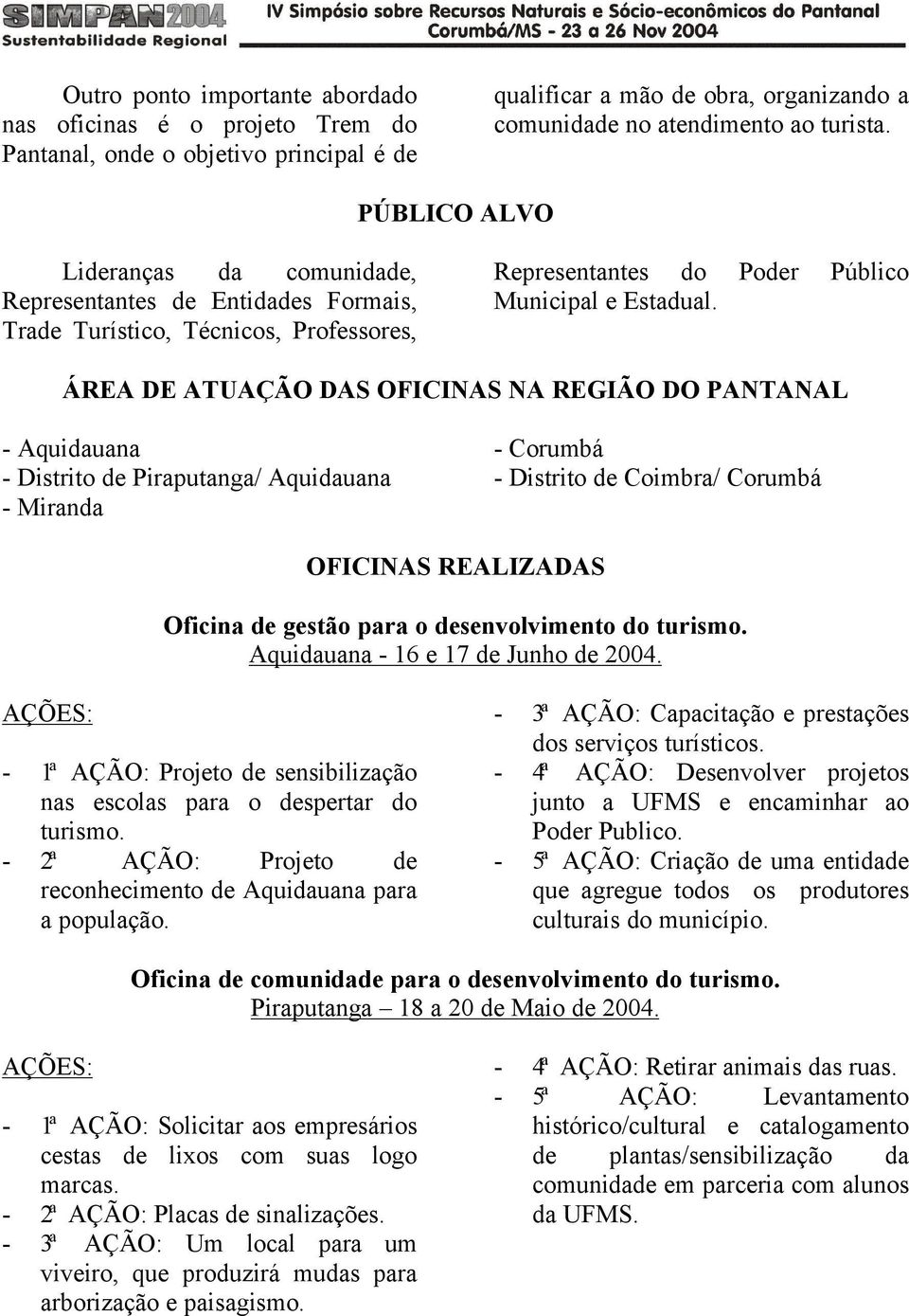 ÁREA DE ATUAÇÃO DAS OFICINAS NA REGIÃO DO PANTANAL - Aquidauana - Distrito de Piraputanga/ Aquidauana - Miranda - Corumbá - Distrito de Coimbra/ Corumbá OFICINAS REALIZADAS Oficina de gestão para o