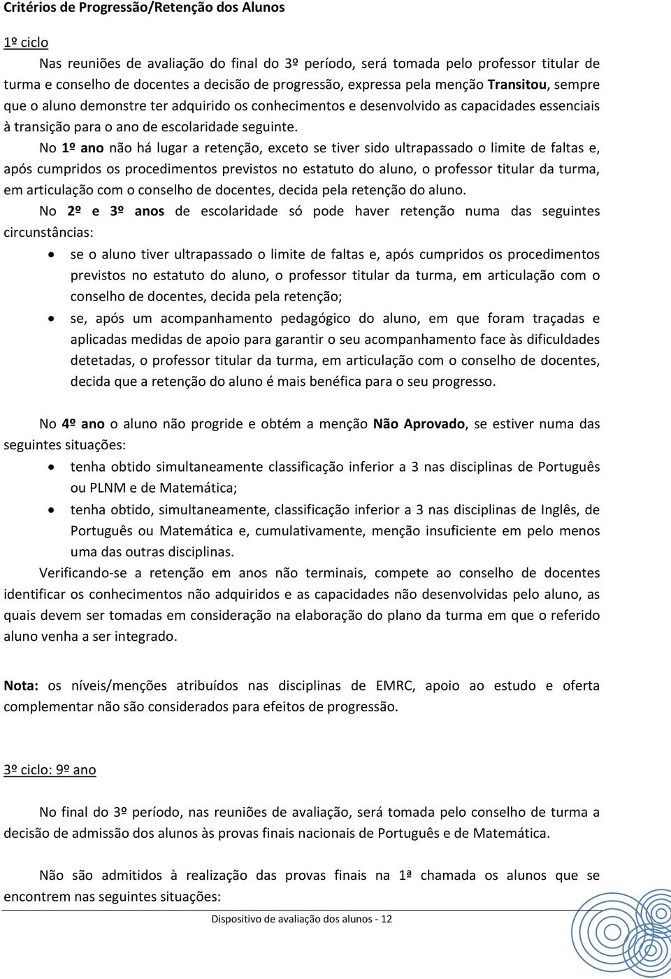 No 1º ano não há lugar a retenção, exceto se tiver sido ultrapassado o limite de faltas e, após cumpridos os procedimentos previstos no estatuto do aluno, o professor titular da turma, em articulação