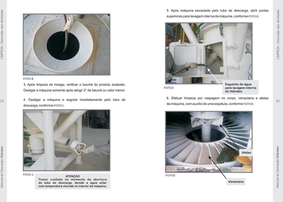 22 FOTO D Esguicho de água para lavagem interna do Hidratec 4. Desligar a máquina e esgotar imediatamente pelo tubo de 6.