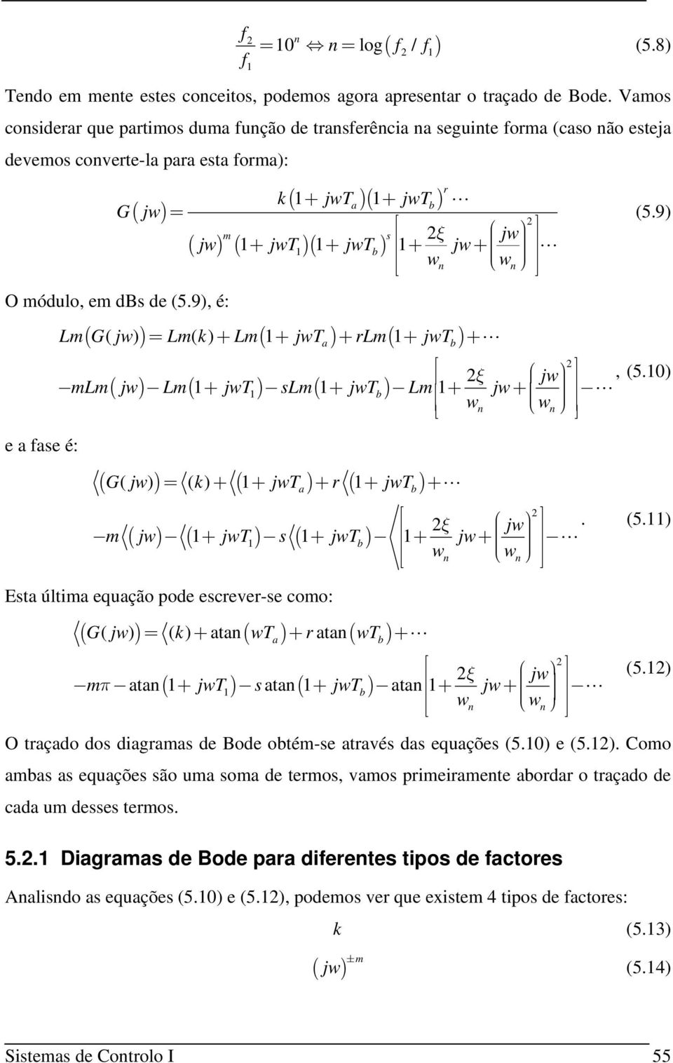 9) O módulo, em dbs de (5.9), é: Lm( G( j) ) = Lm( ) + Lm( + jta) + rlm( + jtb) + ξ j mlm( j) Lm( + jt ) slm( + jtb ) Lm j + +, (5.