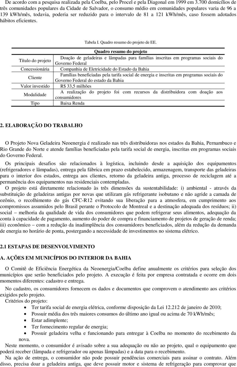 kwh/mês, caso fossem adotados hábitos eficientes. Tabela I. Quadro resumo do projeto de EE.