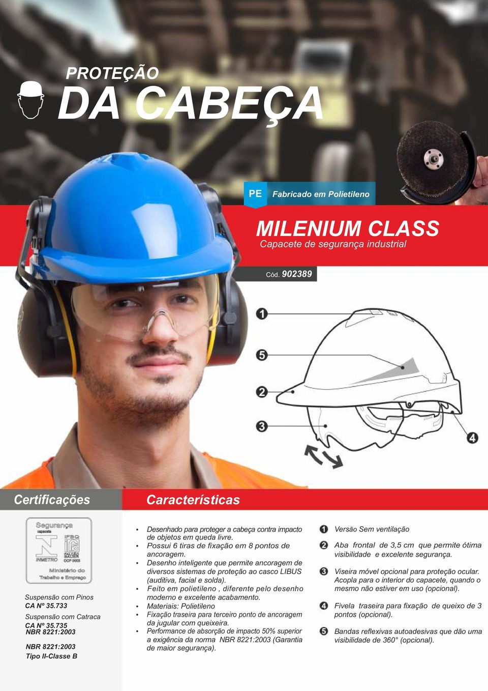 Desenho inteligente que permite ancoragem de diversos sistemas de proteção ao casco LIBUS (auditiva, facial e solda). Feito em polietileno, diferente pelo desenho moderno e excelente acabamento.