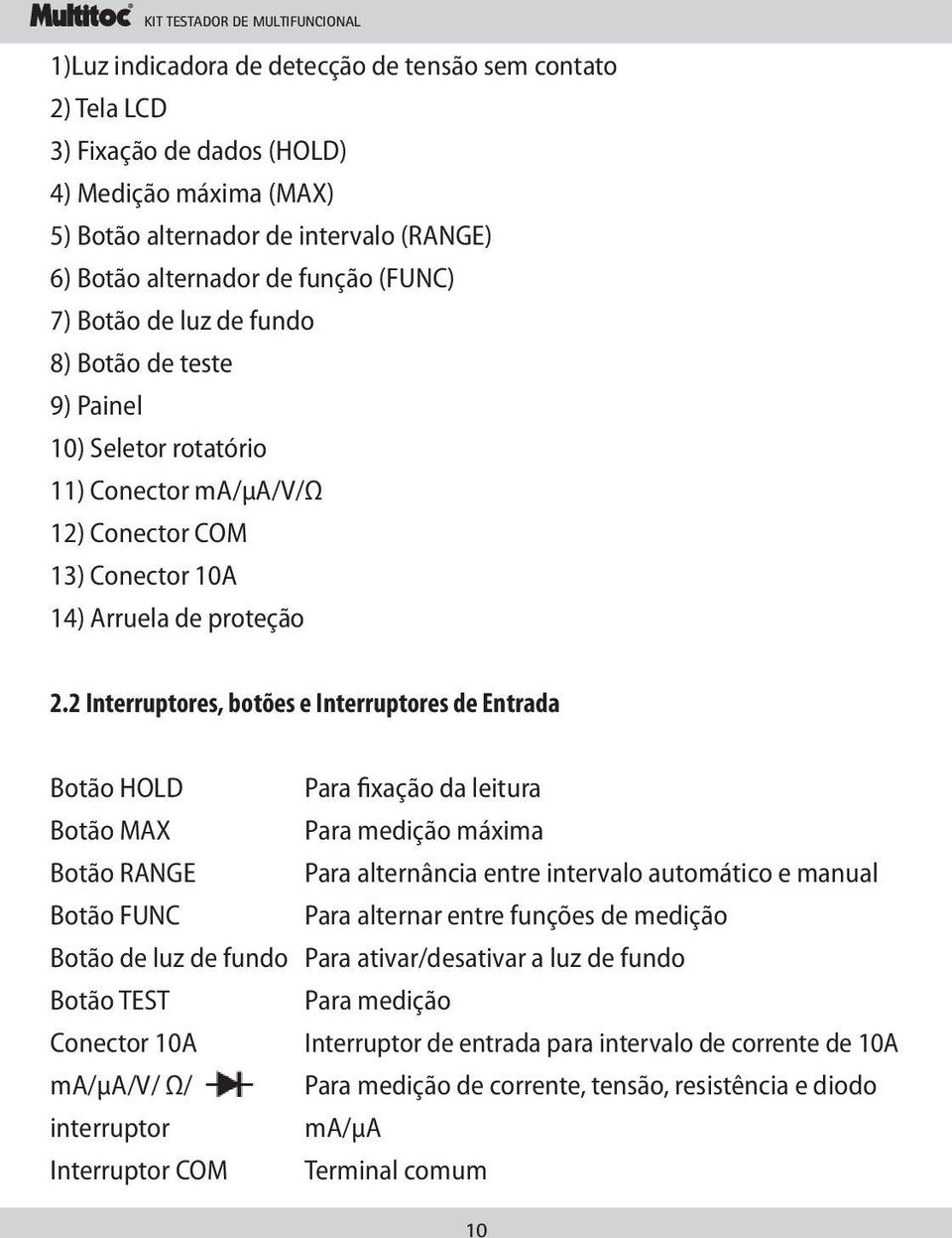 2 Interruptores, botões e Interruptores de Entrada Botão HOLD Para fixação da leitura Botão MAX Para medição máxima Botão RANGE Para alternância entre intervalo automático e manual Botão FUNC Para