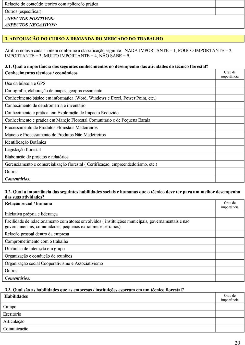 SABE = 9. 3.1. Qual a ância ds seguintes cnheciments n desempenh das atividades d técnic flrestal?