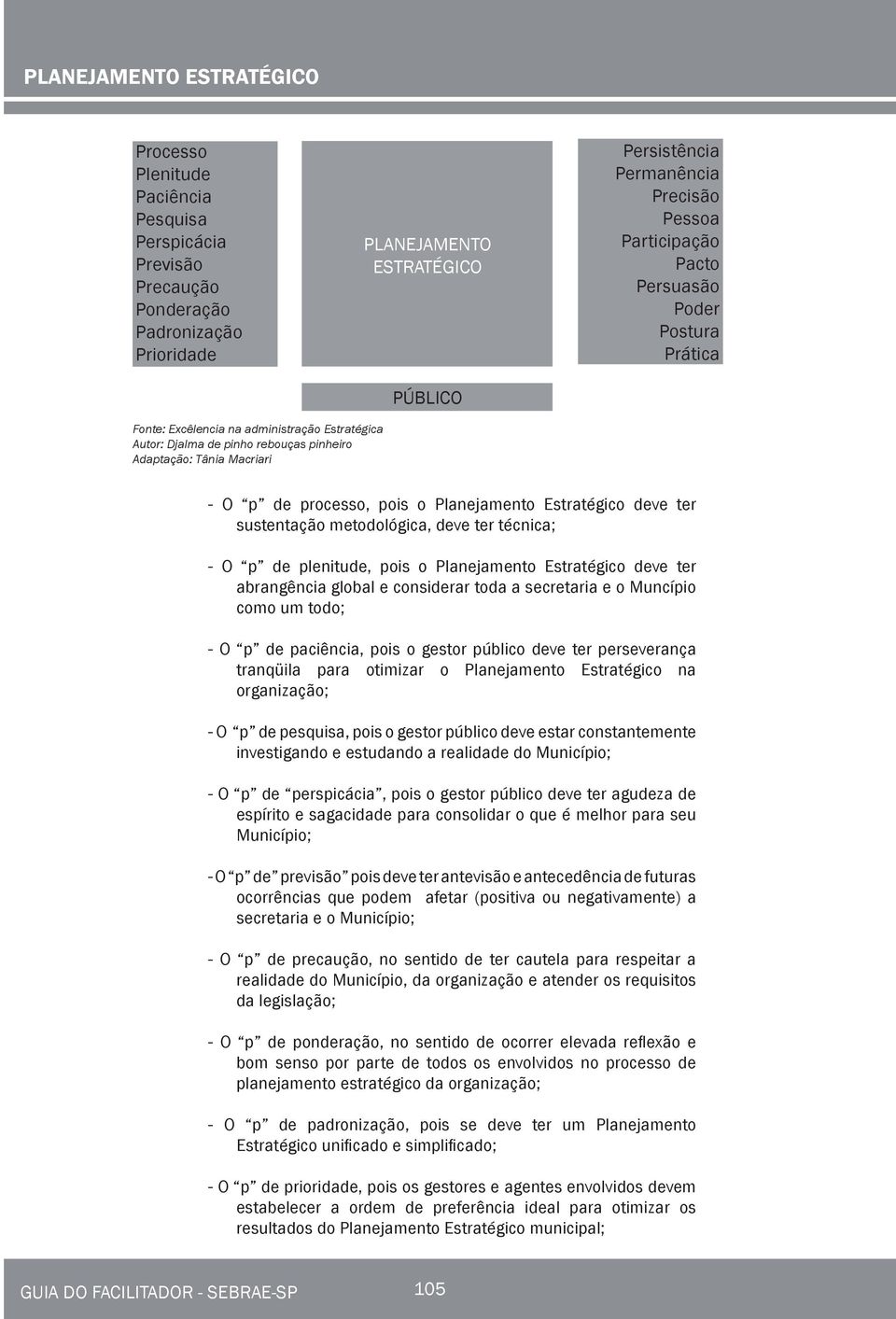 deve ter sustentação metodológica, deve ter técnica; - O p de plenitude, pois o Planejamento Estratégico deve ter abrangência global e considerar toda a secretaria e o Muncípio como um todo; - O p de