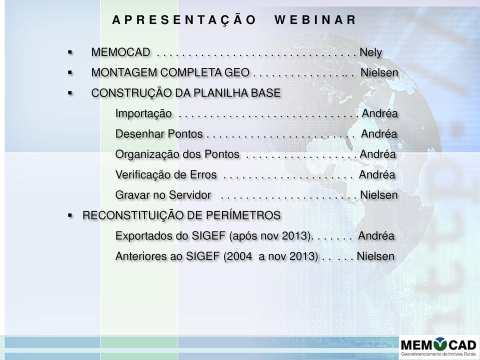 ....................... Andréa Organização dos Pontos.................. Andréa Verificação de Erros..................... Andréa Gravar no Servidor.