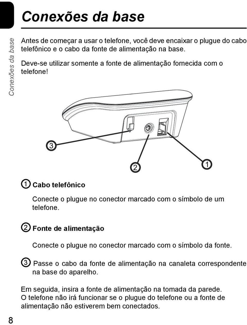 8 2 Fonte de alimentação Conecte o plugue no conector marcado com o símbolo da fonte.