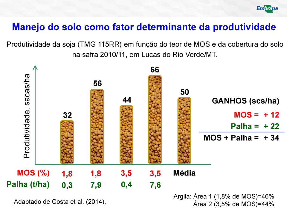 66 56 44 50 GANHOS (scs/ha) 32 MOS = Palha = MOS + Palha = + 12 + 22 + 34 MOS (%) 1,8 1,8 3,5 3,5 Média