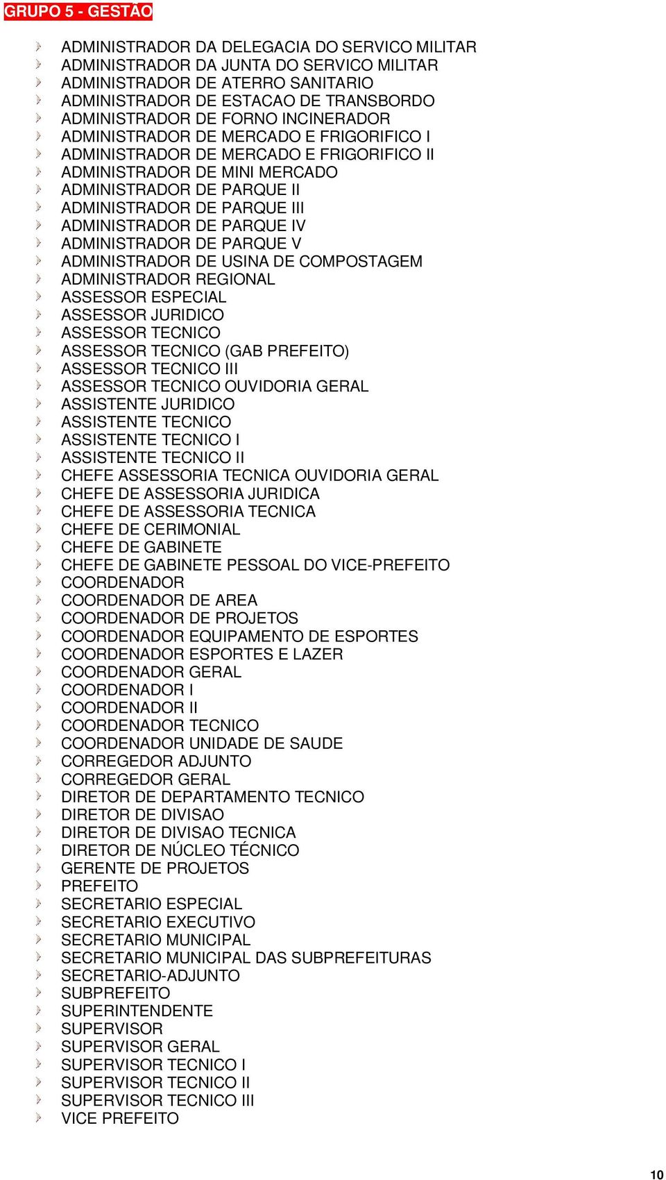 DE PARQUE IV ADMINISTRADOR DE PARQUE V ADMINISTRADOR DE USINA DE COMPOSTAGEM ADMINISTRADOR REGIONAL ASSESSOR ESPECIAL ASSESSOR JURIDICO ASSESSOR TECNICO ASSESSOR TECNICO (GAB PREFEITO) ASSESSOR