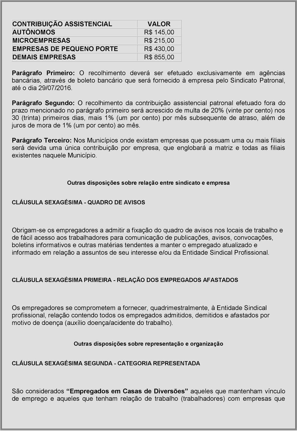 Parágrafo Segundo: O recolhimento da contribuição assistencial patronal efetuado fora do prazo mencionado no parágrafo primeiro será acrescido de multa de 20% (vinte por cento) nos 30 (trinta)