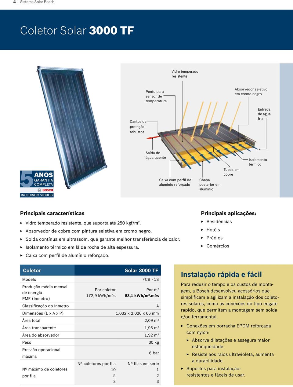 Absorvedor de cobre com pintura seletiva em cromo negro. Solda contínua em ultrassom, que garante melhor transferência de calor. Isolamento térmico em lã de rocha de alta espessura.