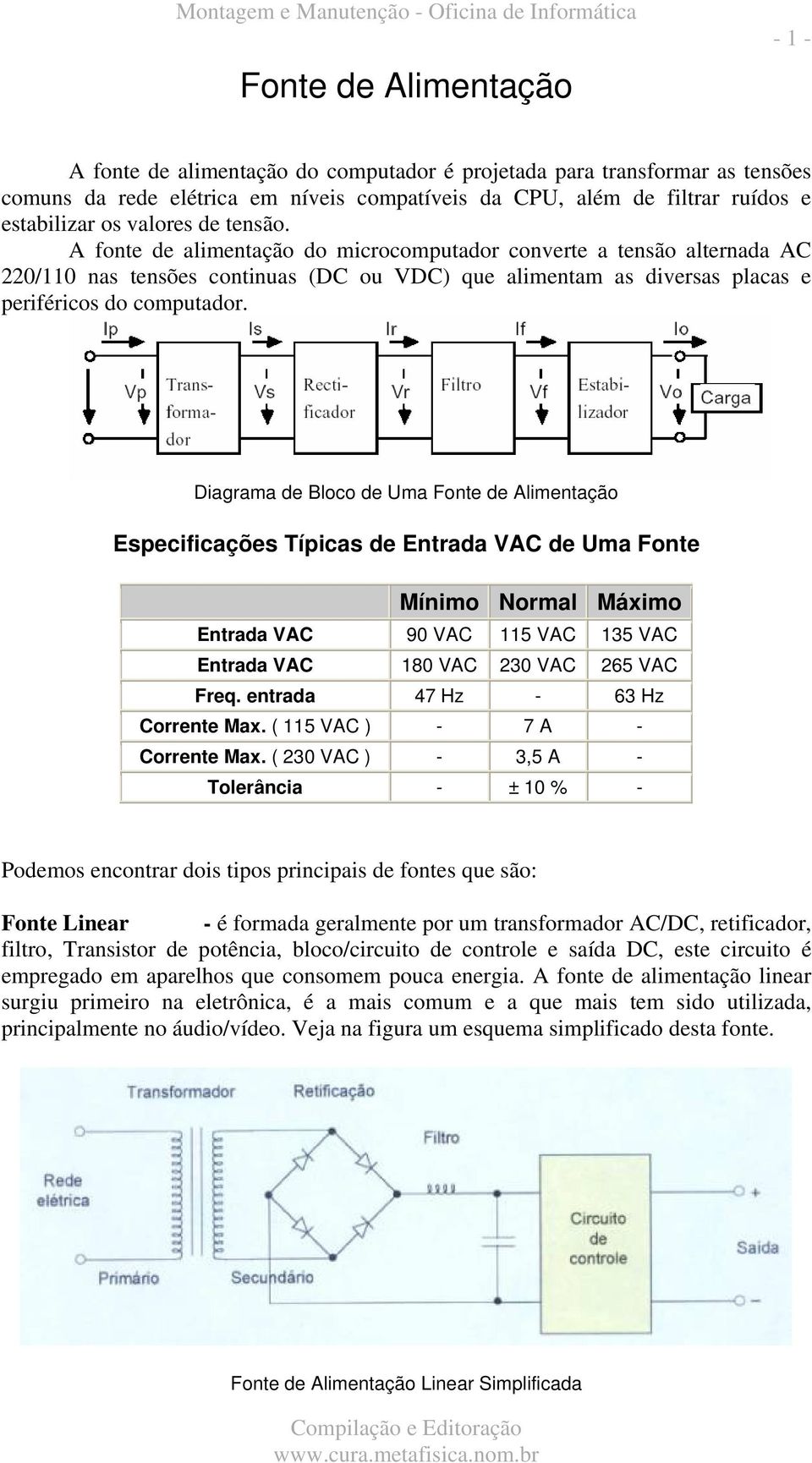 Diagrama de Bloco de Uma Fonte de Alimentação Especificações Típicas de Entrada VAC de Uma Fonte Mínimo Normal Máximo Entrada VAC 90 VAC 115 VAC 135 VAC Entrada VAC 180 VAC 230 VAC 265 VAC Freq.