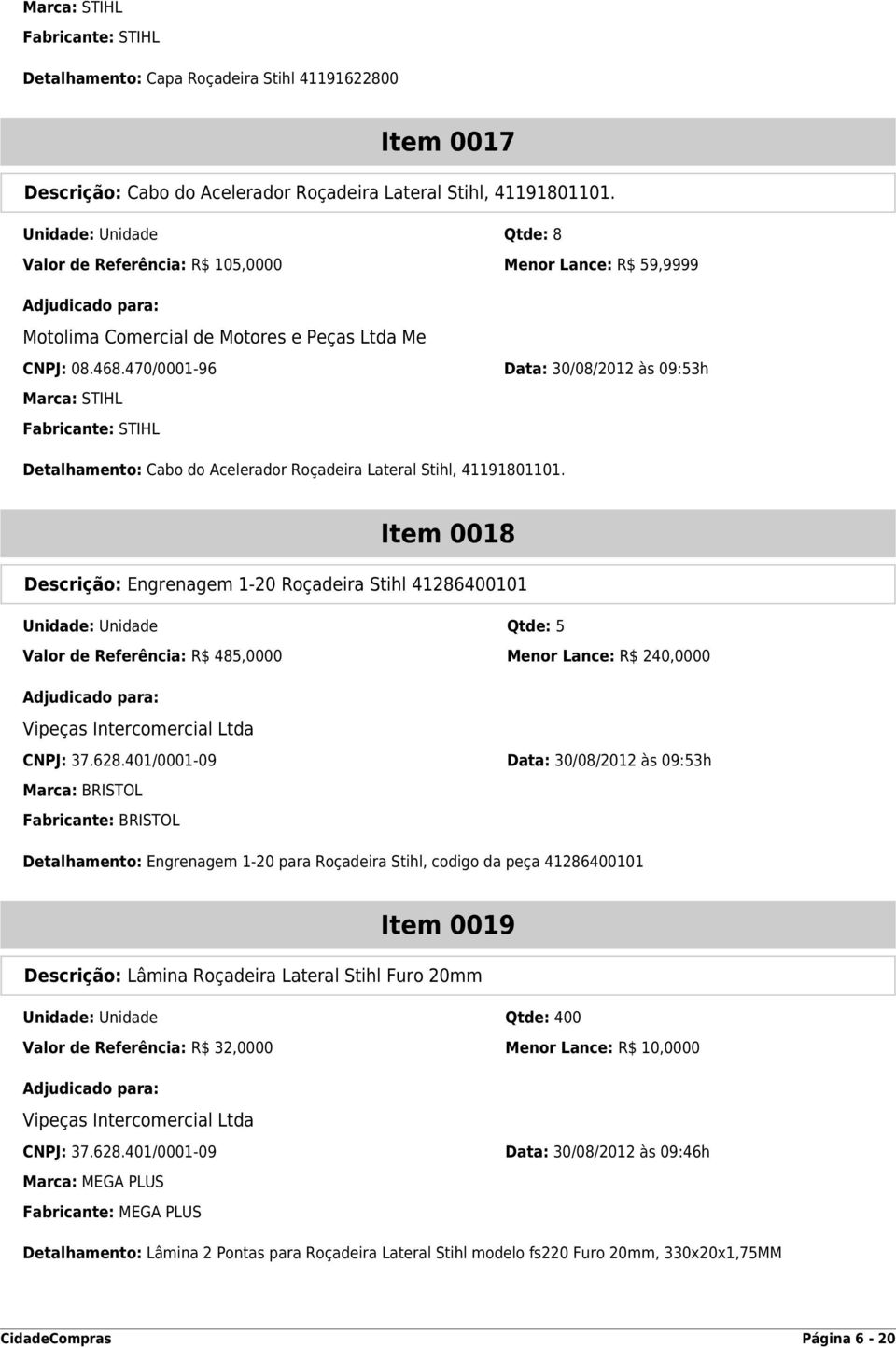 470/0001-96 Data: 30/08/2012 às 09:53h Detalhamento: Cabo do Acelerador Roçadeira Lateral Stihl, 41191801101.