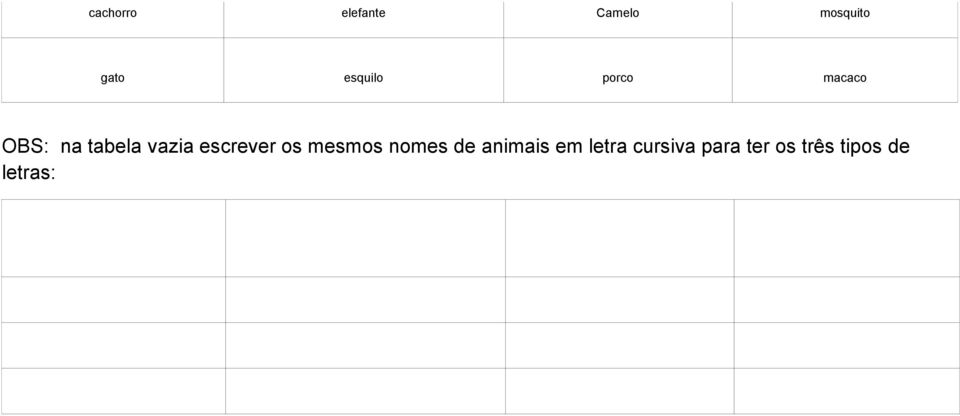 escrever os mesmos nomes de animais em