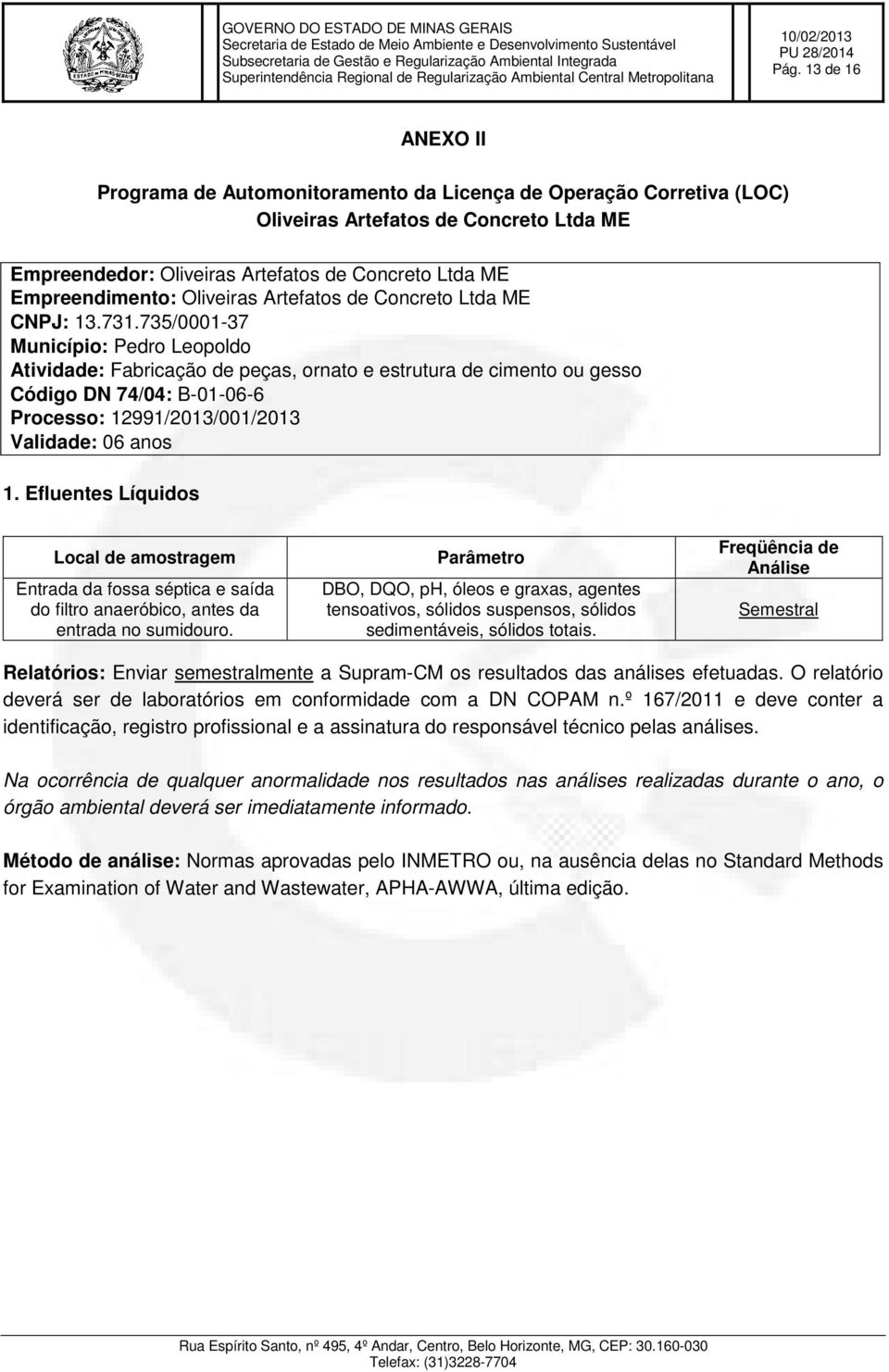 735/0001-37 Município: Pedro Leopoldo Atividade: Fabricação de peças, ornato e estrutura de cimento ou gesso Código DN 74/04: B-01-06-6 Processo: 12991/2013/001/2013 Validade: 06 anos 1.