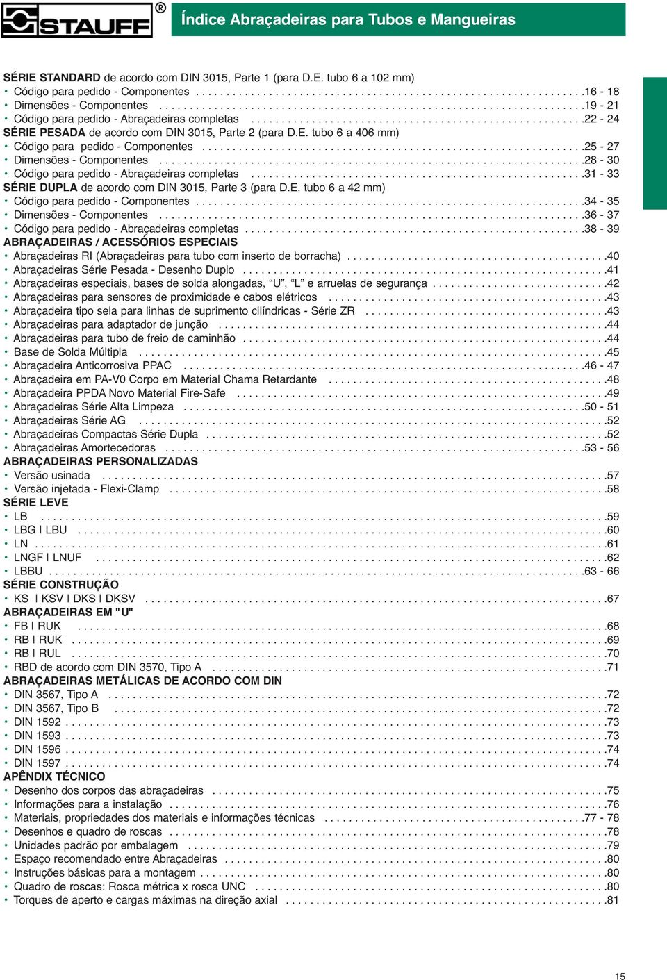 E. tubo 6 a 406 mm) Código para pedido - Componentes...............................................................25-27 Dimensões - Componentes......................................................................28-30 Código para pedido - Abraçadeiras completas.