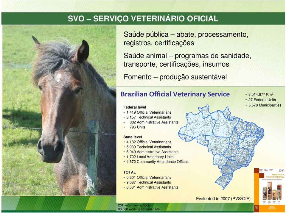 157 Technical Assistants 332 Administrative Assistants 796 Units 8,514,877 Km2 27 Federal Units 5,570 Municipalities State level 4.182 Official Veterinarians 5.