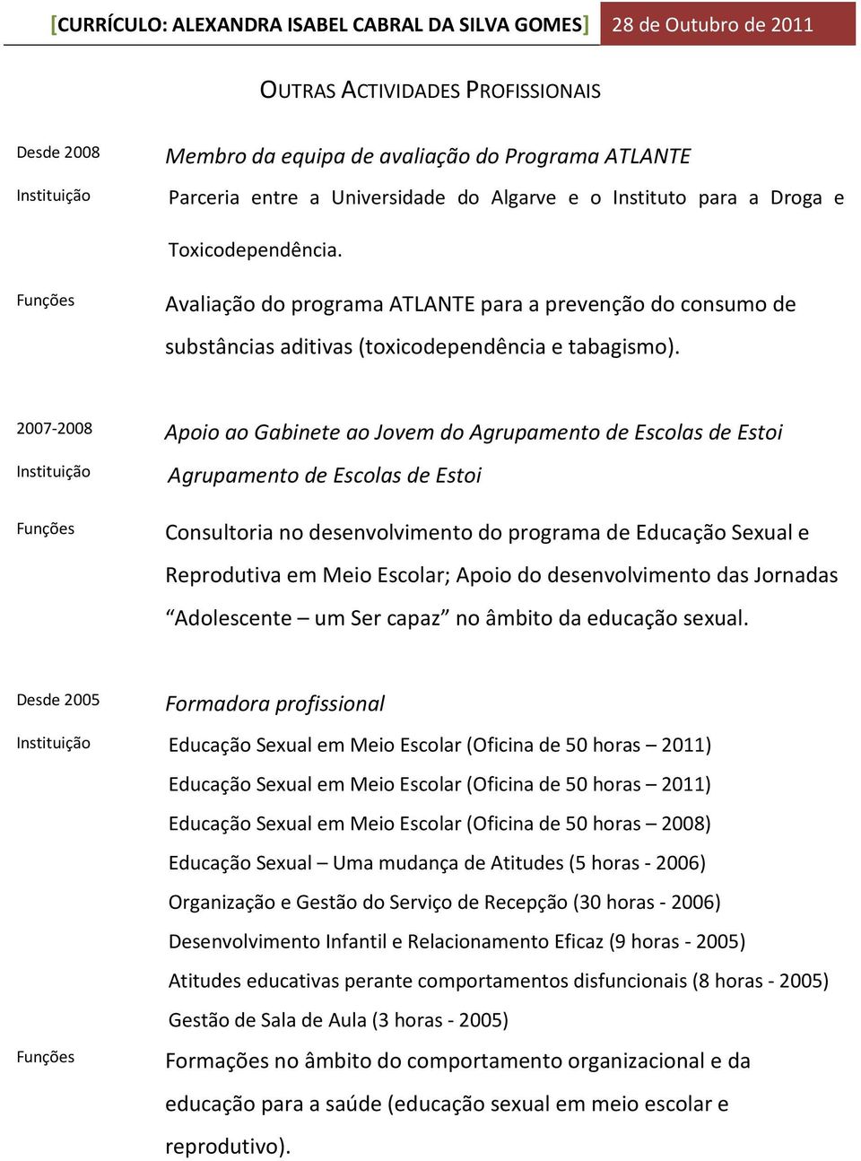 2007-2008 Apoio ao Gabinete ao Jovem do Agrupamento de Escolas de Estoi Agrupamento de Escolas de Estoi Consultoria no desenvolvimento do programa de Educação Sexual e Reprodutiva em Meio Escolar;