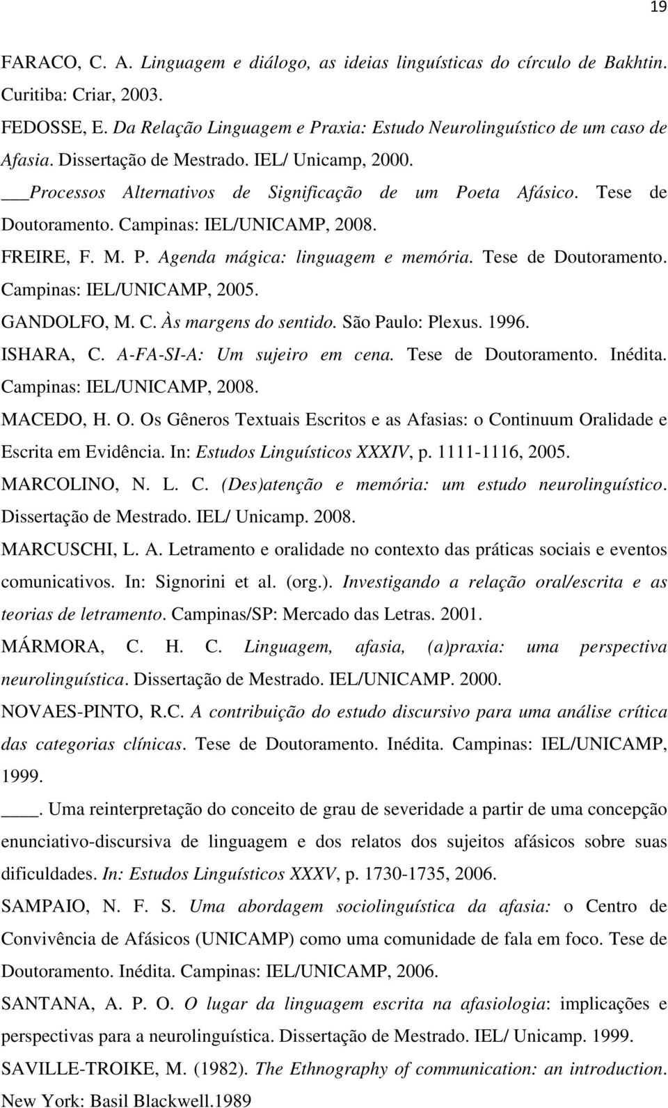 Tese de Doutoramento. Campinas: IEL/UNICAMP, 2005. GANDOLFO, M. C. Às margens do sentido. São Paulo: Plexus. 1996. ISHARA, C. A-FA-SI-A: Um sujeiro em cena. Tese de Doutoramento. Inédita.