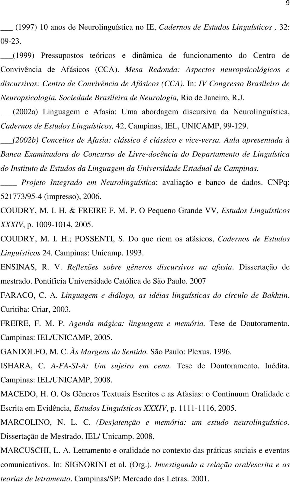 J. (2002a) Linguagem e Afasia: Uma abordagem discursiva da Neurolinguística, Cadernos de Estudos Linguísticos, 42, Campinas, IEL, UNICAMP, 99-129.