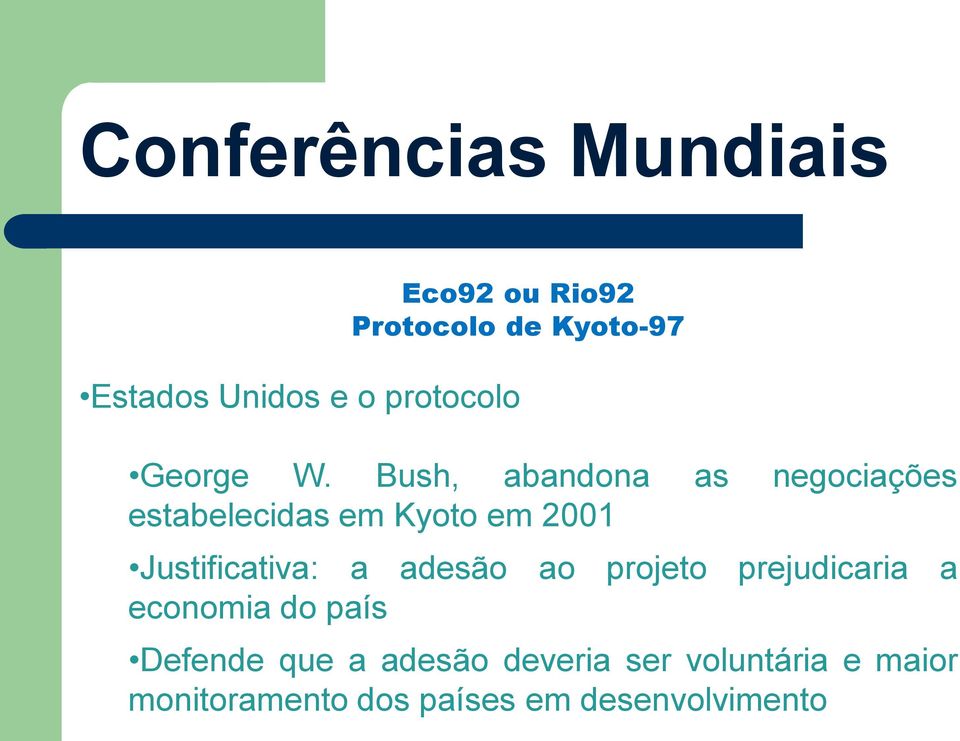 Bush, abandona as negociações estabelecidas em Kyoto em 2001 Justificativa: a