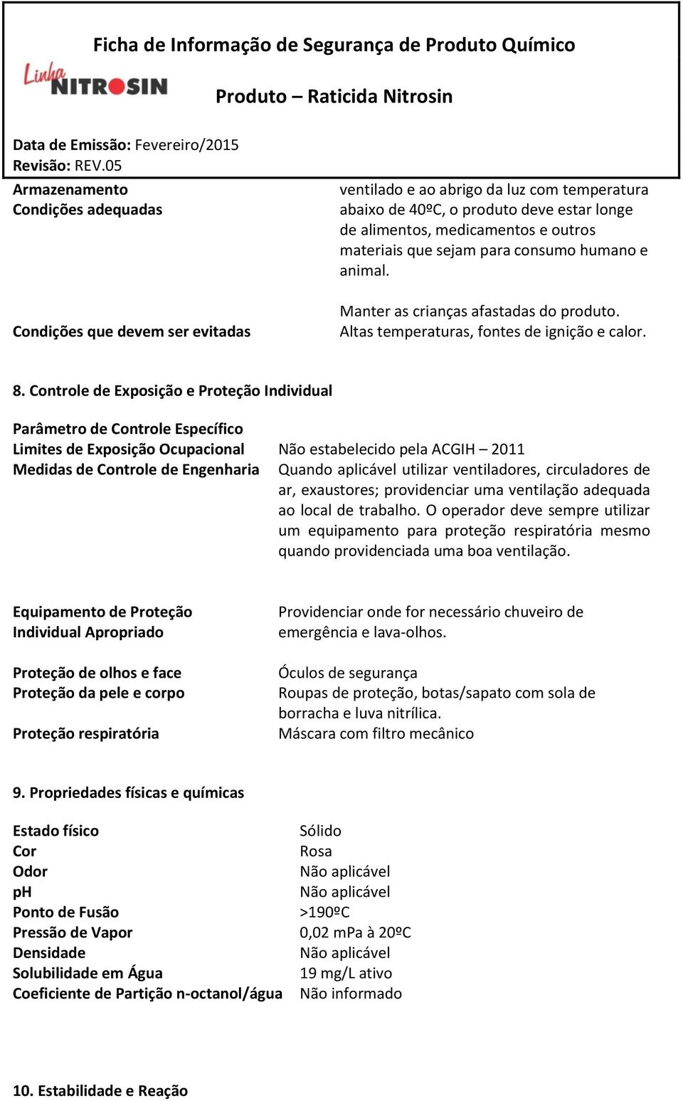 Controle de Exposição e Proteção Individual Parâmetro de Controle Específico Limites de Exposição Ocupacional Não estabelecido pela ACGIH 2011 Medidas de Controle de Engenharia Quando aplicável