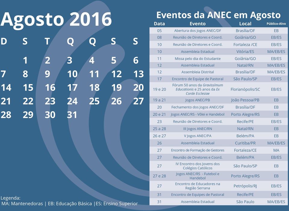 Fortaleza /CE EB/ES 10 Assembleia Estadual Vitória/ES MA/EB/ES 11 Missa pelo dia do Estudante Goiânia/GO EB/ES 12 Assembleia Estadual Natal/RN MA/EB/ES 12 Assembleia Distrital Brasília/DF MA/EB/ES 17