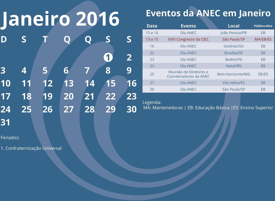 Dia ANEC Goiânia/GO EB 22 Dia ANEC Brasília/DF EB 23 Dia ANEC Belém/PA EB 23 Dia ANEC Natal/RN EB 25 Belo