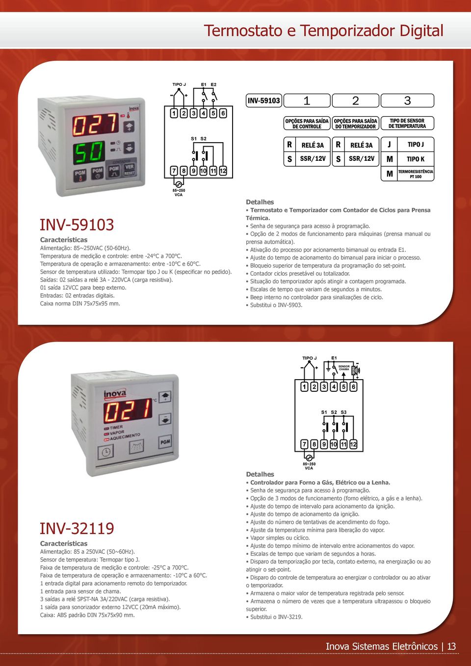 01 saída 12VCC para beep externo. Entradas: 02 entradas digitais. Caixa norma DIN 75x75x95 mm. Termostato e Temporizador com Contador de Ciclos para Prensa Térmica.