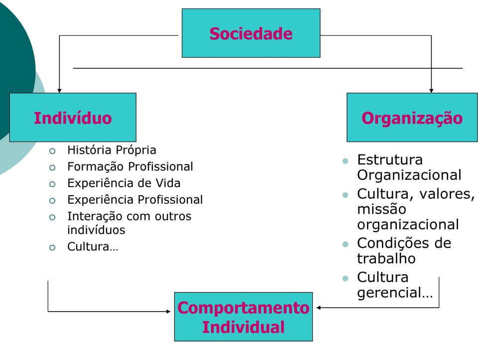 Cultura Comportamento Individual Organização Estrutura Organizacional