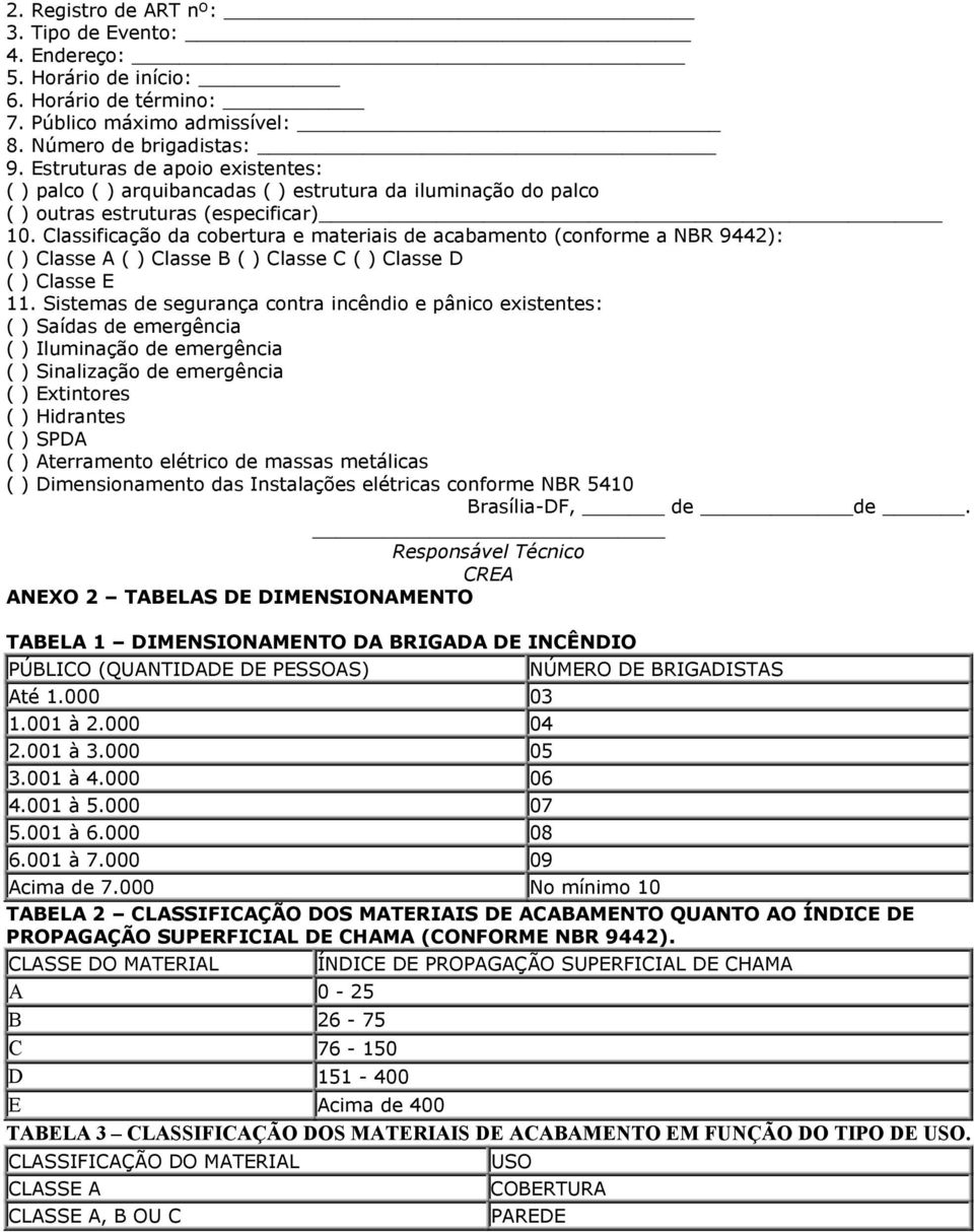 Classificação da cobertura e materiais de acabamento (conforme a NBR 9442): ( ) Classe A ( ) Classe B ( ) Classe C ( ) Classe D ( ) Classe E 11.