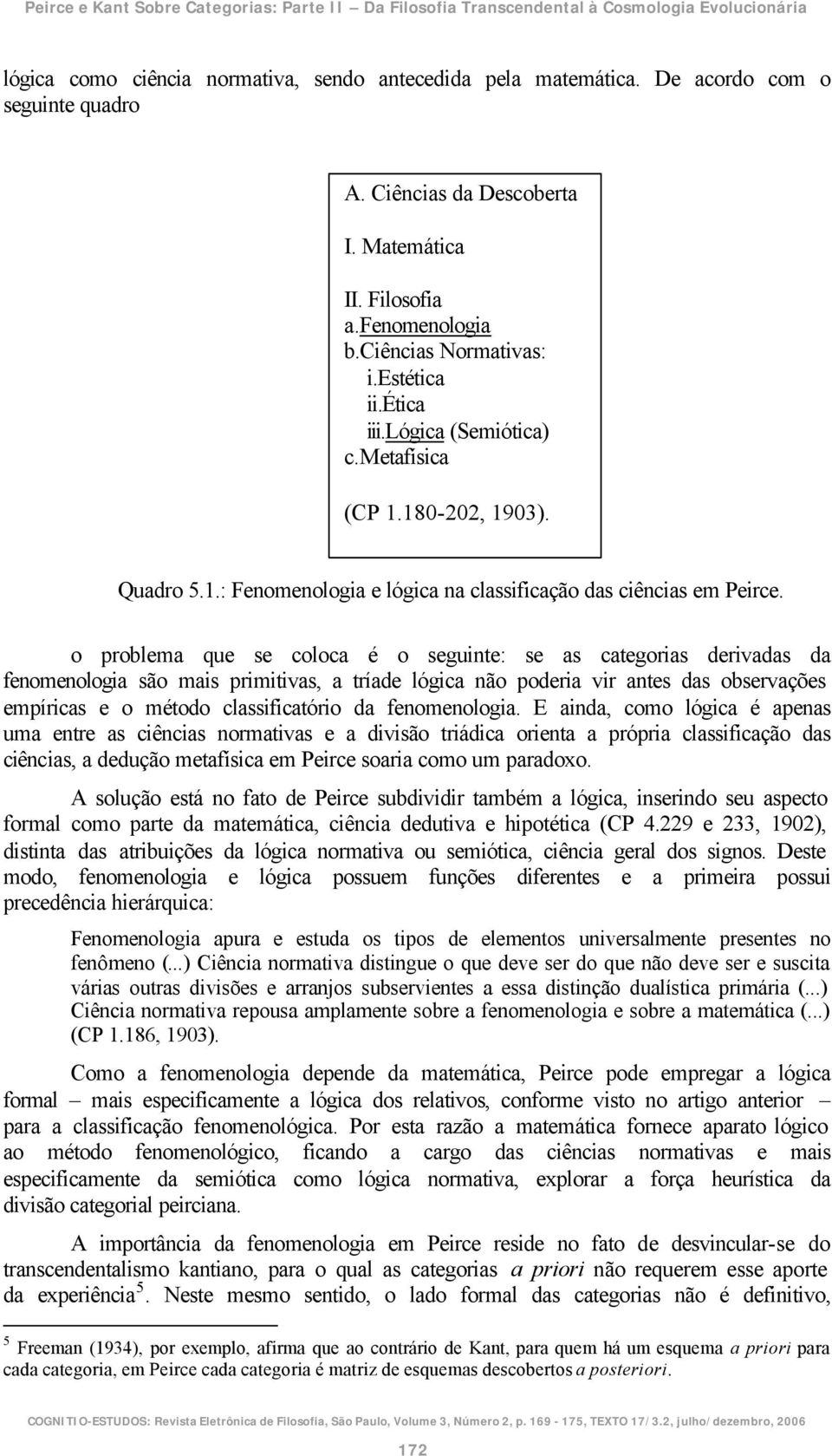 180-202, 1903). Quadro 5.1.: Fenomenologia e lógica na classificação das ciências em Peirce.