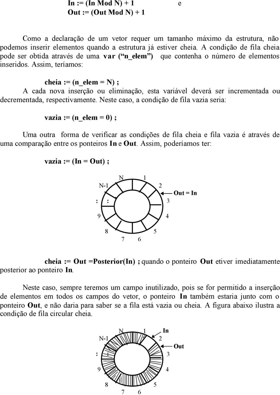 Assim, teríamos: cheia := (n_elem = N) ; A cada nova inserção ou eliminação, esta variável deverá ser incrementada ou decrementada, respectivamente.