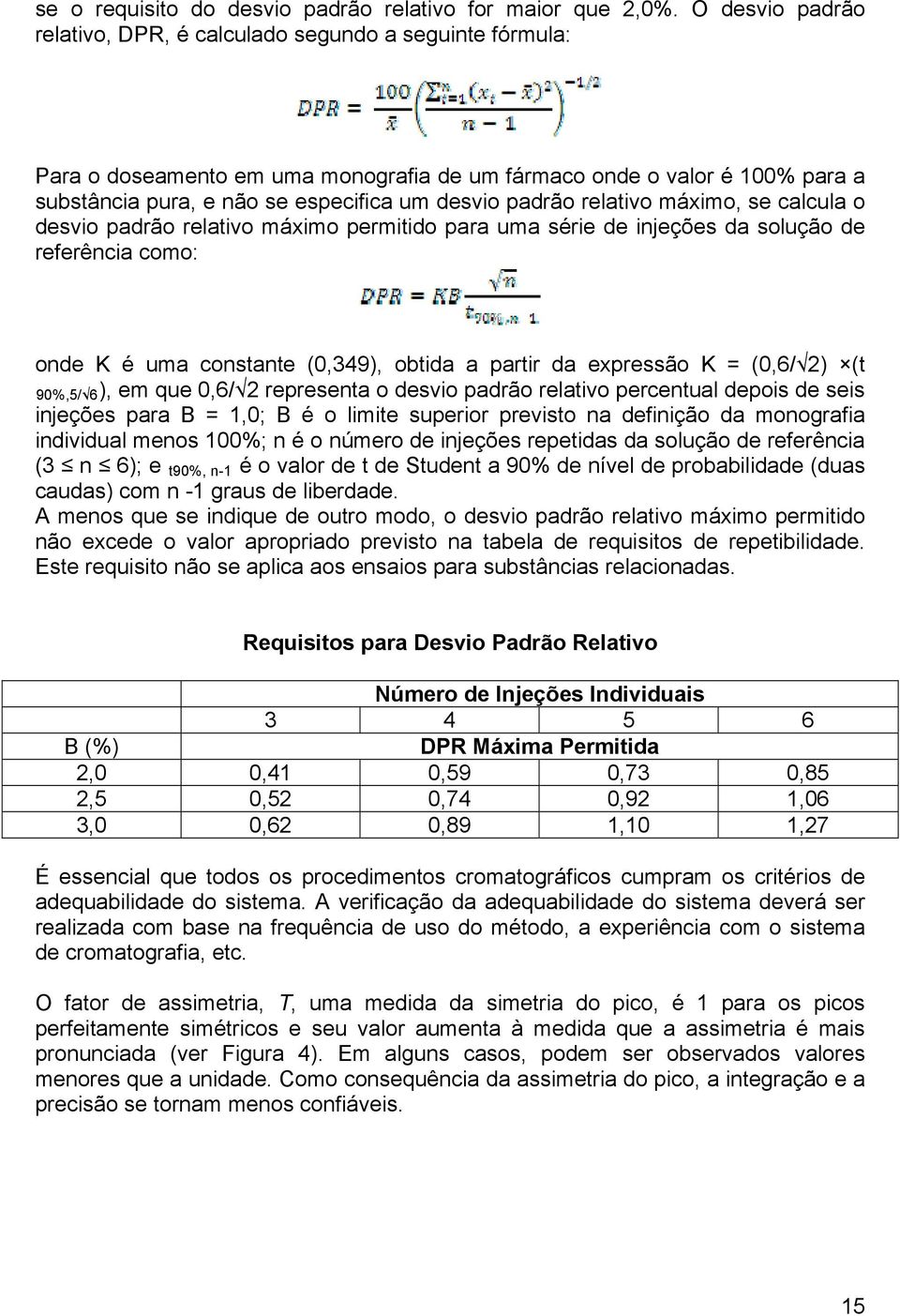 padrão relativo máximo, se calcula o desvio padrão relativo máximo permitido para uma série de injeções da solução de referência como: onde K é uma constante (0,349), obtida a partir da expressão K =