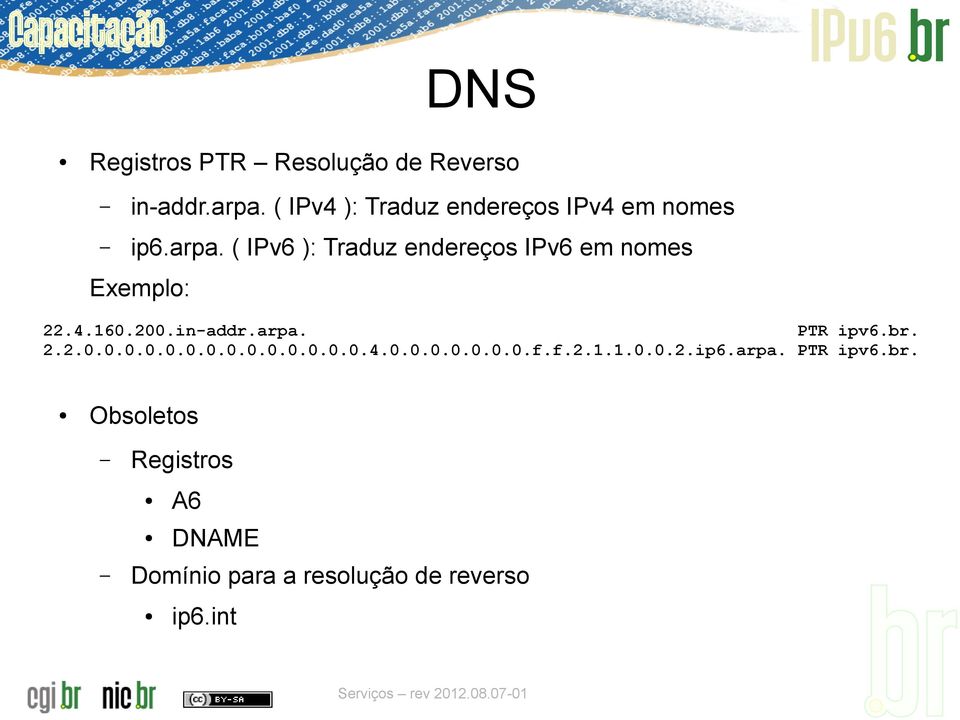 ( IPv6 ): Traduz endereços IPv6 em nomes Exemplo: 22.4.160.200.in-addr.arpa. PTR ipv6.br.