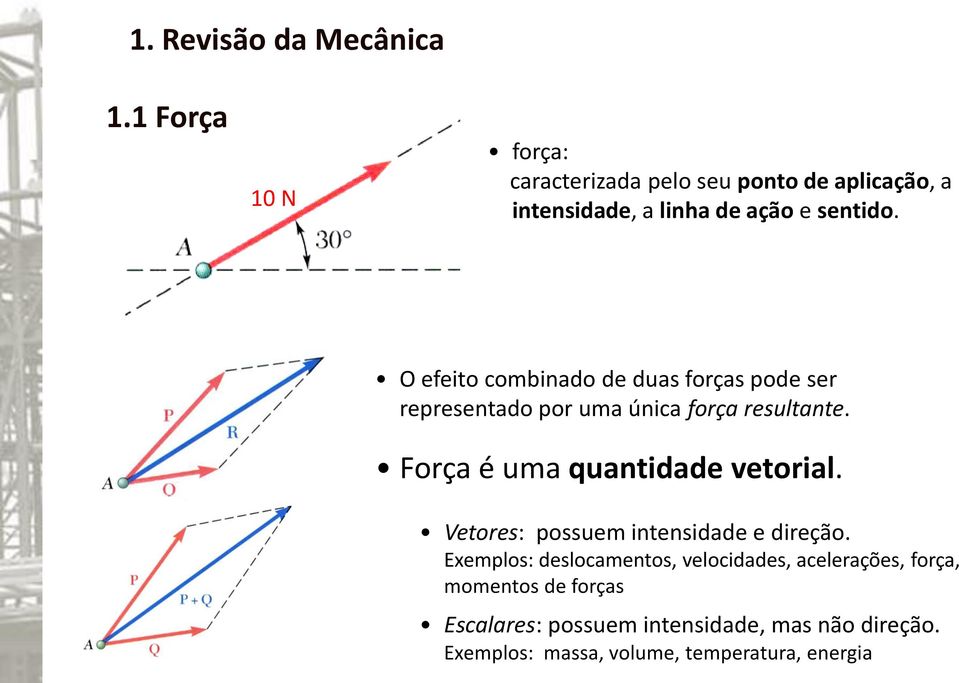 O efeito combinado de duas forças pode ser representado por uma única força resultante.