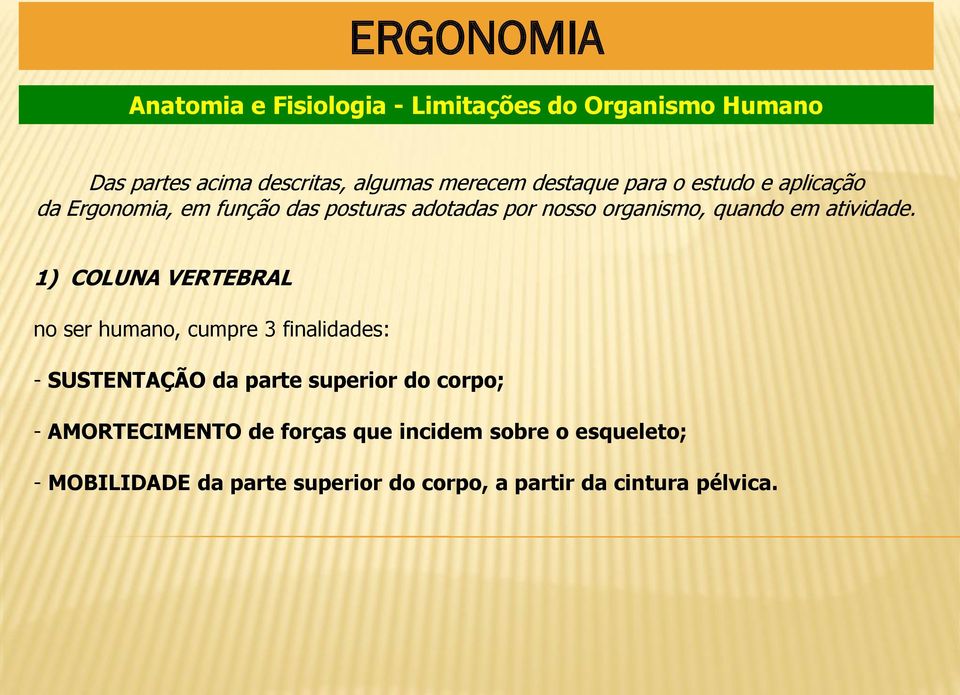 1) COLUNA VERTEBRAL no ser humano, cumpre 3 finalidades: - SUSTENTAÇÃO da parte superior do